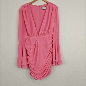 RUNAWAY The Label Suzy Mini Dress Flared Sleeves Deep V-neck In Bubblegum LG